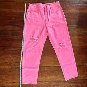 Pink Ankle Cropped Distressed Jeans